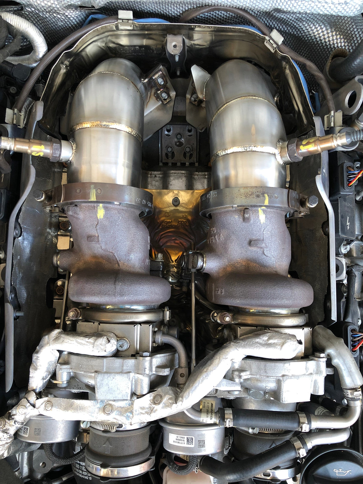 MODE Design 200cpsi Catted 3.5" Downpipes w. Heat Shield AMG GT GTC GTS GTR Mercedes Benz C190/R190 Coupe Roadster
