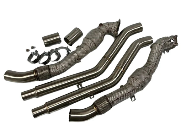 MODE Design 200cpsi Catted Downpipes w. Heat Shield & Front Pipes for Audi S6 RS6 S7 RS7 C7 4G
