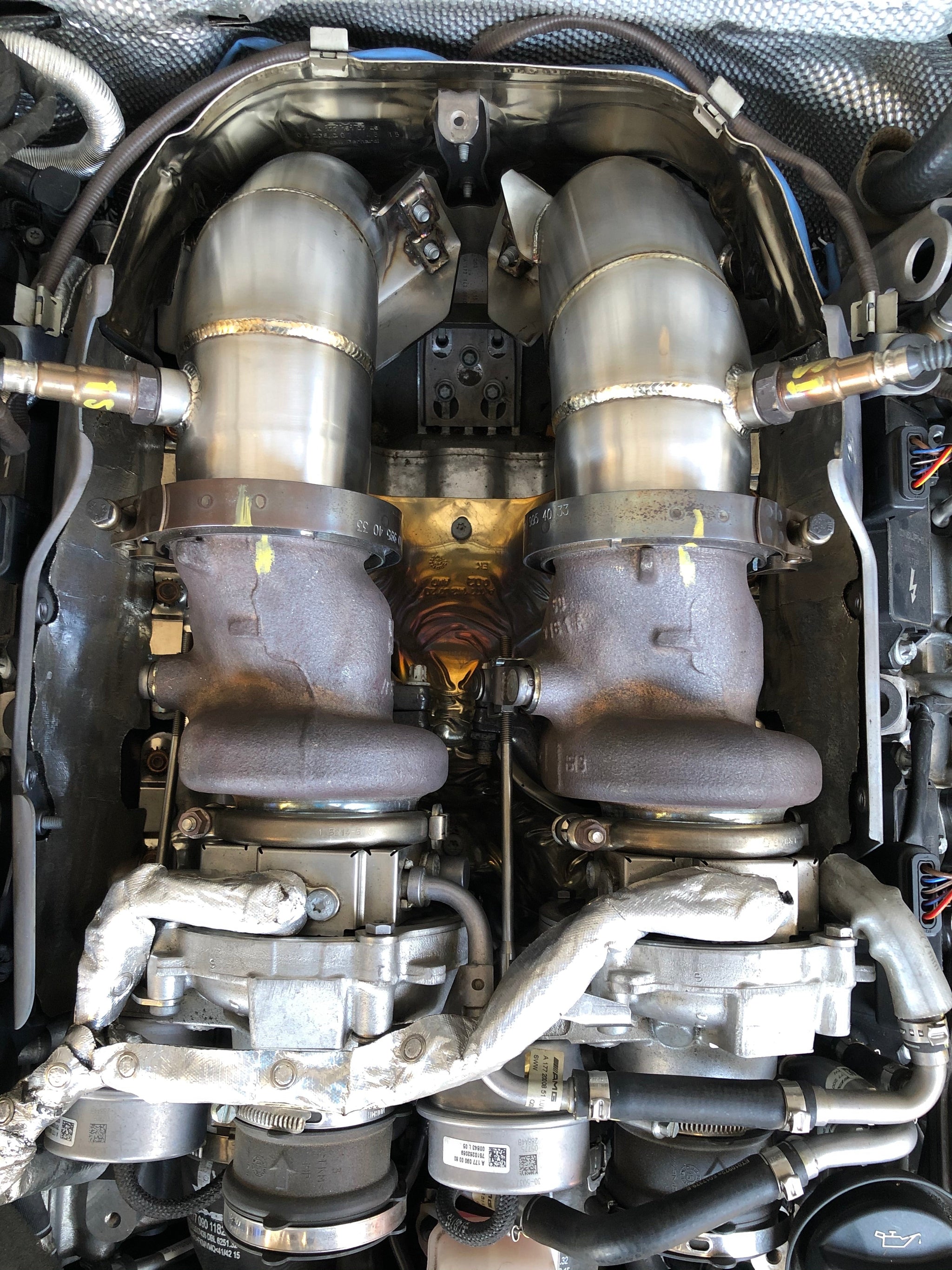 MODE Design 200cpsi Catted 3.5" Downpipes w. Heat Shield AMG GT GTC GTS GTR Mercedes Benz C190/R190 Coupe Roadster