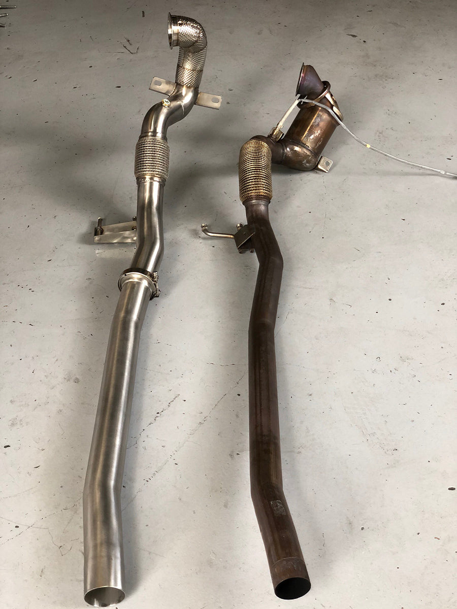 MODE Design Decatted 3.5" Downpipe w. Heatshield for MQB AWD VW Tiguan 132TSI 162TSI & Skoda Kodiaq Superb 2.0T EA888