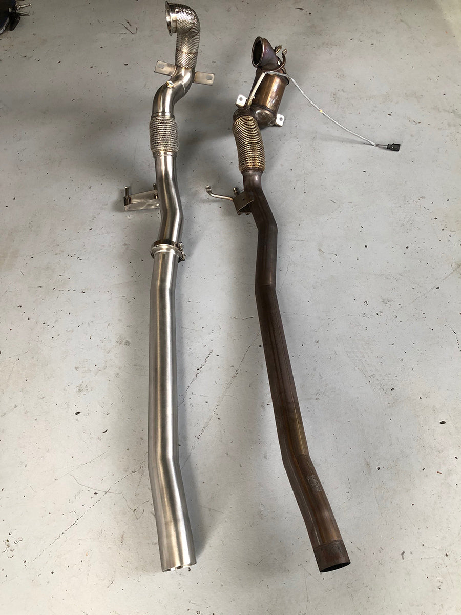 MODE Design Decatted 3.5" Downpipe w. Heatshield for MQB AWD VW Tiguan 132TSI 162TSI & Skoda Kodiaq Superb 2.0T EA888